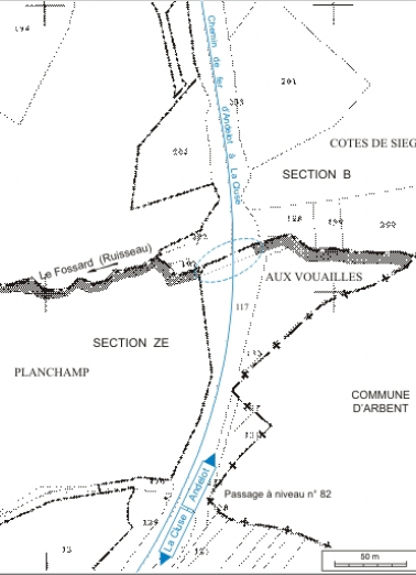 Plan-masse et de situation. Extrait du plan cadastral informatisé, 2006, sections B et ZE, échelle 1:2000. © Région Bourgogne-Franche-Comté, Inventaire du patrimoine