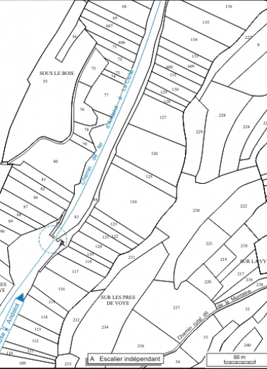 Plan-masse et de situation. Extrait du plan cadastral informatisé, 2006, section A, échelle 1:3000. © Région Bourgogne-Franche-Comté, Inventaire du patrimoine