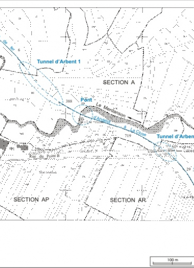 Plan-masse et de situation. Extrait du plan cadastral informatisé, 2006, sections A, AP et AR, échelle 1:3500. © Région Bourgogne-Franche-Comté, Inventaire du patrimoine