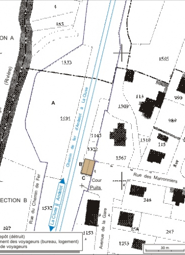 Plan-masse et de situation. Extrait du plan cadastral informatisé, 2006, sections A et B, échelle 1:1000. © Région Bourgogne-Franche-Comté, Inventaire du patrimoine