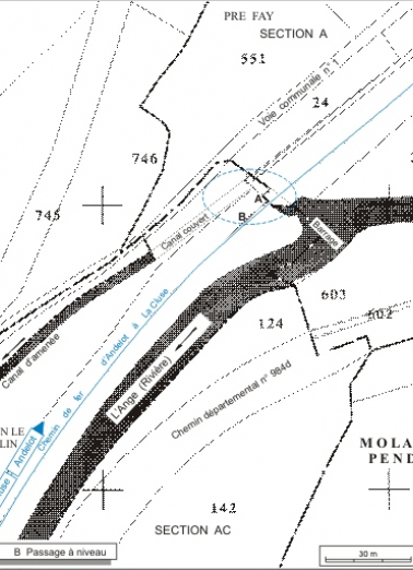 Plan-masse et de situation. Extrait du plan cadastral informatisé, 2006, sections A et AC, échelle 1:1000. © Région Bourgogne-Franche-Comté, Inventaire du patrimoine