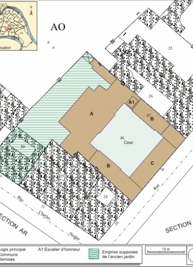 Plan masse et de situation. Extrait du plan cadastral, 1993, section AO. © Région Bourgogne-Franche-Comté, Inventaire du patrimoine
