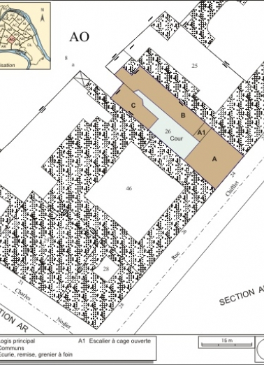 Plan masse et de situation Extrait du plan cadastral, 1993, section AO. © Région Bourgogne-Franche-Comté, Inventaire du patrimoine
