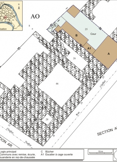 Plan masse et de situation. Extrait du plan cadastral, 1993, section AO. © Région Bourgogne-Franche-Comté, Inventaire du patrimoine