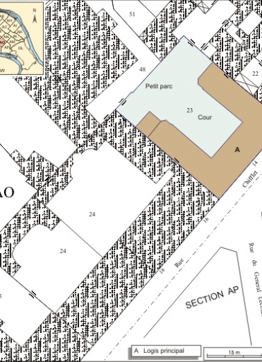 Plan masse et de situation. Extrait du plan cadastral, 1993, section AO. © Région Bourgogne-Franche-Comté, Inventaire du patrimoine