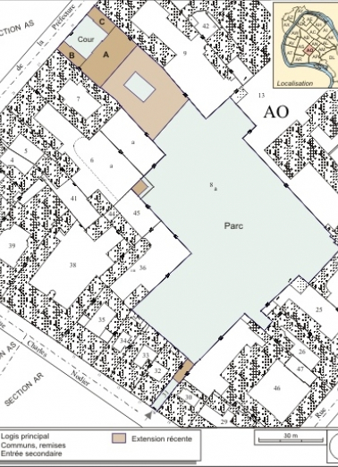 Plan masse et de situation. Extrait du plan cadastral, 1993, section AO. © Région Bourgogne-Franche-Comté, Inventaire du patrimoine