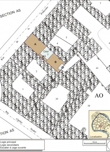 Plan masse et de situation. Extrait du plan cadastral, 1993, section AO. © Région Bourgogne-Franche-Comté, Inventaire du patrimoine