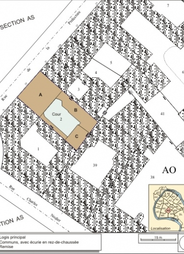 Plan masse et de situation. Extrait du plan cadastral, 1993, section AO. © Région Bourgogne-Franche-Comté, Inventaire du patrimoine