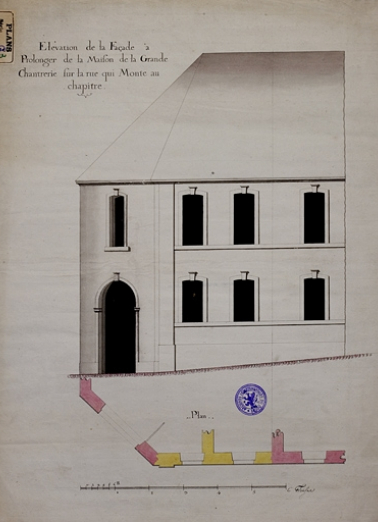 "Elévation de la façade à prolonger de la maison de la Grande Chantrerie sur la rue qui monte au Chapitre". © Région Bourgogne-Franche-Comté, Inventaire du Patrimoine