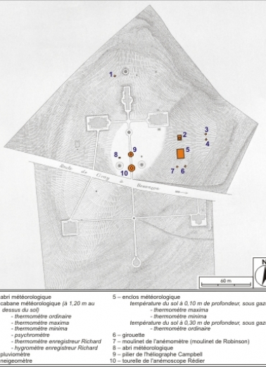 Localisation des différents points d'observation météorologiques en 1892. © Région Bourgogne-Franche-Comté, Inventaire du patrimoine
