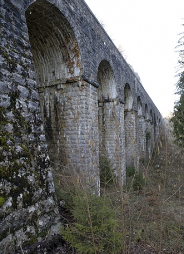 Deuxième mur à arcades : vue en enfilade, depuis le côté La Cluse. Mur débutant au PK 020.411. © Région Bourgogne-Franche-Comté, Inventaire du patrimoine Deuxième mur à arcades : vue en enfilade, depuis le côté La Cluse. Mur débutant au PK 020.411. © Région Bourgogne-Franche-Comté, Inventaire du patrimoine
