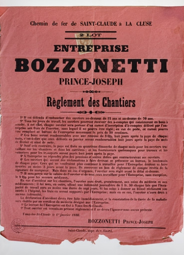 Chemin de fer de Saint-Claude à La Cluse. 2e lot. Entreprise Bozzonetti Prince-Joseph. Règlement des chantiers [affiche], 1886. © Région Bourgogne-Franche-Comté, Inventaire du patrimoine
