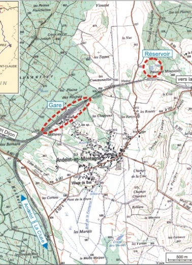 Carte et schéma de localisation. Carte topographique, IGN, 2000, dalle F087_046, échelle 1:25 000. Scan 25, licence n° 2008/CISE/2968. © Région Bourgogne-Franche-Comté, Inventaire du patrimoine Carte et schéma de localisation. Carte topographique, IGN, 2000, dalle F087_046, échelle 1:25 000. Scan 25, licence n° 2008/CISE/2968. © Région Bourgogne-Franche-Comté, Inventaire du patrimoine