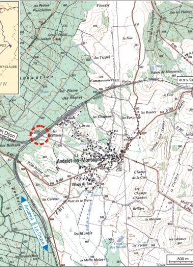 Carte et schéma de localisation. Carte topographique, IGN, 2000, dalle F087_046, échelle 1:25 000. Scan 25, licence n° 2008/CISE/2968. © Région Bourgogne-Franche-Comté, Inventaire du patrimoine Carte et schéma de localisation. Carte topographique, IGN, 2000, dalle F087_046, échelle 1:25 000. Scan 25, licence n° 2008/CISE/2968. © Région Bourgogne-Franche-Comté, Inventaire du patrimoine