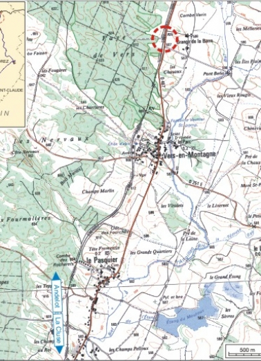 Carte et schéma de localisation. Carte topographique, IGN, 2000, dalle F087_047, échelle 1:25 000. Scan 25, licence n° 2008/CISE/2968. © Région Bourgogne-Franche-Comté, Inventaire du patrimoine Carte et schéma de localisation. Carte topographique, IGN, 2000, dalle F087_047, échelle 1:25 000. Scan 25, licence n° 2008/CISE/2968. © Région Bourgogne-Franche-Comté, Inventaire du patrimoine