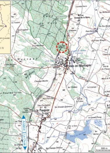 Carte et schéma de localisation. Carte topographique, IGN, 2000, dalle F087_047, échelle 1:25 000. Scan 25, licence n° 2008/CISE/2968. © Région Bourgogne-Franche-Comté, Inventaire du patrimoine