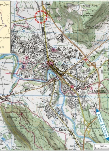 Carte et schéma de localisation. Carte topographique, IGN, 3326 Ouest Champagnole, 2001, échelle 1:25 000. Scan 25, licence n° 2008/CISE/2968. © Région Bourgogne-Franche-Comté, Inventaire du patrimoine
