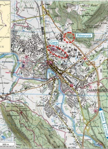 Carte et schéma de localisation. Carte topographique, IGN, 3326 Ouest Champagnole, 2001, échelle 1:25 000. Scan 25, licence n° 2008/CISE/2968. © Région Bourgogne-Franche-Comté, Inventaire du patrimoine