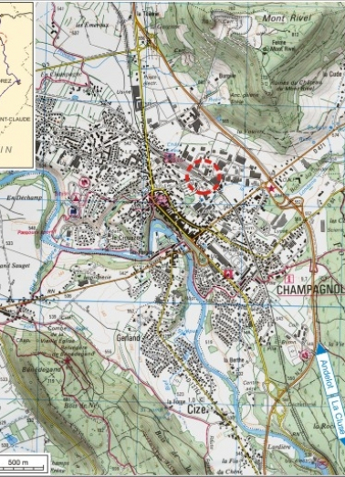 Carte et schéma de localisation. Carte topographique, IGN, 3326 Ouest Champagnole, 2001, échelle 1:25 000. Scan 25, licence n° 2008/CISE/2968. © Région Bourgogne-Franche-Comté, Inventaire du patrimoine