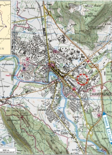 Carte et schéma de localisation. Carte topographique, IGN, 3326 Ouest Champagnole, 2001, échelle 1:25 000. Scan 25, licence n° 2008/CISE/2968. © Région Bourgogne-Franche-Comté, Inventaire du patrimoine