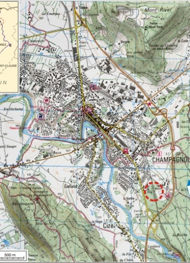 Carte et schéma de localisation. Carte topographique, IGN, 3326 Ouest Champagnole, 2001, échelle 1:25 000. Scan 25, licence n° 2008/CISE/2968. © Région Bourgogne-Franche-Comté, Inventaire du patrimoine
