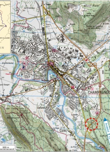 Carte et schéma de localisation. Carte topographique, IGN, 3326 Ouest Champagnole, 2001, échelle 1:25 000. Scan 25, licence n° 2008/CISE/2968. © Région Bourgogne-Franche-Comté, Inventaire du patrimoine Carte et schéma de localisation. Carte topographique, IGN, 3326 Ouest Champagnole, 2001, échelle 1:25 000. Scan 25, licence n° 2008/CISE/2968. © Région Bourgogne-Franche-Comté, Inventaire du patrimoine
