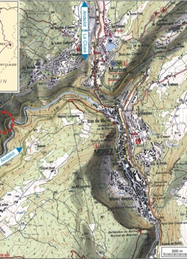 Carte et schéma de localisation. Carte topographique, IGN, 2000, dalles F087_050 et F088_050, échelle 1:25 000. Scan 25, licence n° 2008/CISE/2968. © Région Bourgogne-Franche-Comté, Inventaire du patrimoine