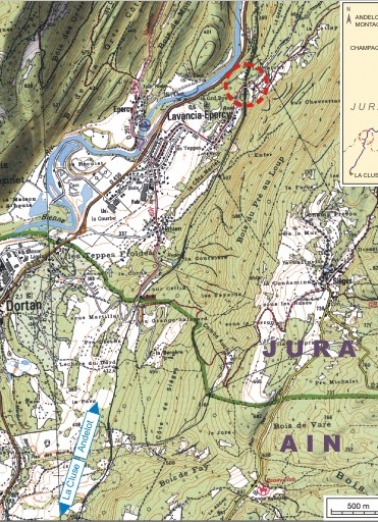 Carte et schéma de localisation. Carte topographique, IGN, 2000, dalle F085_052, échelle 1:25 000. Scan 25, licence n° 2008/CISE/2968. © Région Bourgogne-Franche-Comté, Inventaire du patrimoine