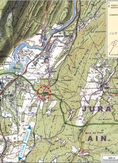 Carte et schéma de localisation. Carte topographique, IGN, 2000, dalle F085_052, échelle 1:25 000. Scan 25, licence n° 2008/CISE/2968. © Région Bourgogne-Franche-Comté, Inventaire du patrimoine
