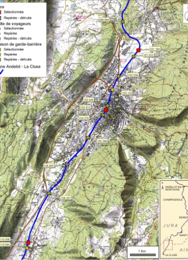 Carte et schéma de localisation des ouvrages : d'Arbent à Martignat. Carte topographique, IGN, 2000, dalle F085-053, échelle 1:48 000. Scan 25, licence n° 2008/CISE/2968. © Région Bourgogne-Franche-Comté, Inventaire du patrimoine