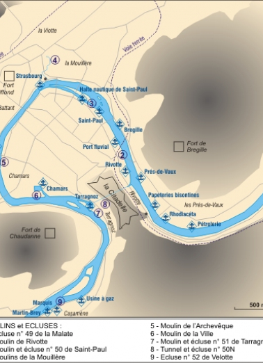 Carte de localisation des ports de Besançon, avec mention des moulins et des écluses. Echelle 1:32 000. © Région Bourgogne-Franche-Comté, Inventaire du patrimoine