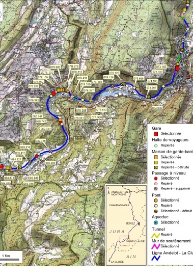 Carte et schéma de localisation des ouvrages : de Saint-Claude à Molinges. Carte topographique, IGN, 2000, dalles F086-051, F087-051, F086-052 et F087-052, échelle 1:48 000. Scan 25, licence n° 2008/CISE/2968. © Région Bourgogne-Franche-Comté, Inventaire du patrimoine