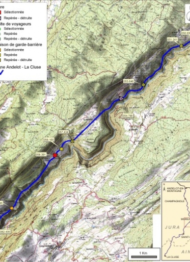 Carte et schéma de localisation des ouvrages : de Morez à Lézat. Carte topographique, IGN, 2000, dalles F087-050 et F088-050, échelle 1:48 000. Scan 25, licence n° 2008/CISE/2968. © Région Bourgogne-Franche-Comté, Inventaire du patrimoine