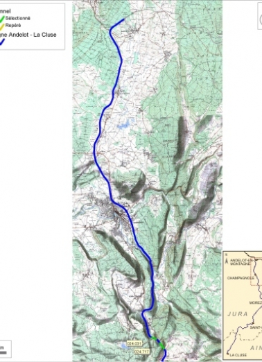 Carte et schéma de localisation des tunnels : d'Andelot-en-Montagne à Chaux-des-Crotenay. Carte topographique, IGN, 2000, dalles F087-046, F087-047 et F087-048, échelle 1:110 000. Scan 25, licence n° 2008/CISE/2968. © Région Bourgogne-Franche-Comté, Inventaire du patrimoine