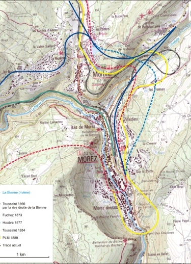 Projets de desserte ferroviaire de la ville de Morez (de 1866 à 1889) et tracé actuel. Carte topographique, IGN, 2000, dalle F088-050, échelle 1:25 000 agrandie à 1:21 000. Scan 25, licence n° 2008/CISE/2968. © Région Bourgogne-Franche-Comté, Inventaire du patrimoine Projets de desserte ferroviaire de la ville de Morez (de 1866 à 1889) et tracé actuel. Carte topographique, IGN, 2000, dalle F088-050, échelle 1:25 000 agrandie à 1:21 000. Scan 25, licence n° 2008/CISE/2968. © Région Bourgogne-Franche-Comté, Inventaire du patrimoine