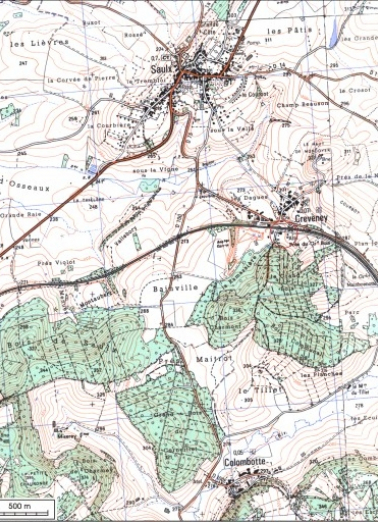 Carte de localisation. Carte topographique au 1:25000, I.G.N., Vesoul, 3421 O. SCAN 25 © IGN - 2008, Licence n°2008CISE29-68. © Région Bourgogne-Franche-Comté, Inventaire du patrimoine
