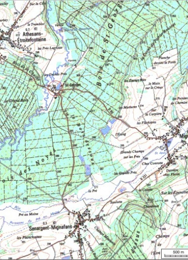 Carte de localisation. Carte topographique au 1:25000, I.G.N., Lure, 3521 O. SCAN 25 © IGN - 2008, Licence n°2008CISE29-68. © Région Bourgogne-Franche-Comté, Inventaire du patrimoine