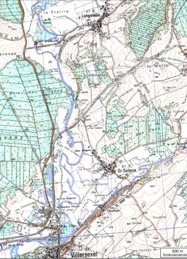 Carte de localisation. Carte topographique au 1:25000, I.G.N., Villersexel, 3421 E. SCAN 25 © IGN - 2008, Licence n°2008CISE29-68. © Région Bourgogne-Franche-Comté, Inventaire du patrimoine
