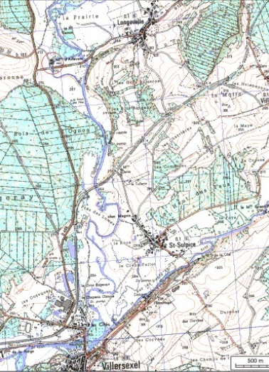 Carte de localisation. Carte topographique au 1:25 000, I.G.N., Villersexel, 3421 E. SCAN 25 © IGN - 2008, Licence n°2008CISE29-68. © Région Bourgogne-Franche-Comté, Inventaire du patrimoine