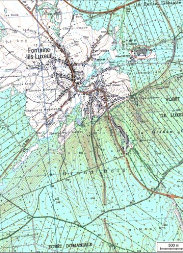 Carte de localisation. Carte topographique au 1:25000, I.G.N., Luxeuil-les-Bains, 3420 E. SCAN 25 © IGN - 2008, Licence n°2008CISE29-68. © Région Bourgogne-Franche-Comté, Inventaire du patrimoine