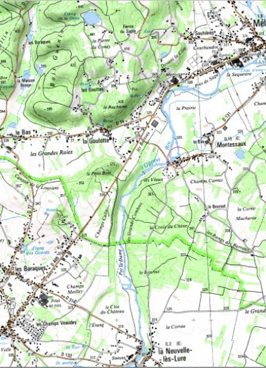 Carte de localisation. Carte topographique au 1:25000, I.G.N., Mélisey, 3520 O. SCAN 25 © IGN - 2008, Licence n°2008CISE29-68. © Région Bourgogne-Franche-Comté, Inventaire du patrimoine