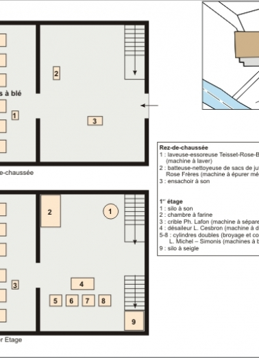 Plan de localisation du matériel de meunerie. Rez-de-chaussée et premier étage. © Région Bourgogne-Franche-Comté, Inventaire du patrimoine
