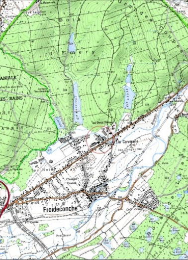 Carte de localisation. Carte topographique au 1:25000, I.G.N., Luxeuil-les-Bains, 3420 E. SCAN 25 © IGN - 2008, Licence n°2008CISE29-68. © Région Bourgogne-Franche-Comté, Inventaire du patrimoine