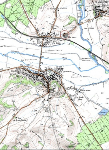 Carte de localisation. Carte topographique au 1:25000, I.G.N., Jussey, 3320 O. SCAN 25 © IGN - 2008, Licence n°2008CISE29-68. © Région Bourgogne-Franche-Comté, Inventaire du patrimoine