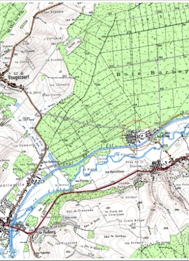 Carte de localisation. Carte topographique au 1:25000, I.G.N., Jussey, 3320 O. SCAN 25 © IGN - 2008, Licence n°2008CISE29-68. © Région Bourgogne-Franche-Comté, Inventaire du patrimoine