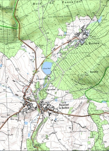 Carte de localisation. Carte topographique au 1:25000, I.G.N., Jussey, 3320 O. SCAN 25 © IGN - 2008, Licence n°2008CISE29-68. © Région Bourgogne-Franche-Comté, Inventaire du patrimoine