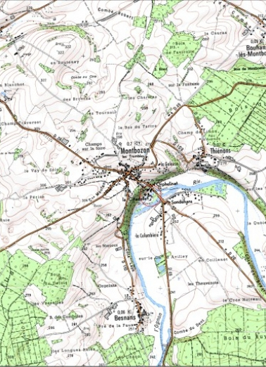 Carte de localisation. Carte topographique au 1:25000, I.G.N., Montbozon, 3422 O. SCAN 25 © IGN - 2008, Licence n°2008CISE29-68. © Région Bourgogne-Franche-Comté, Inventaire du patrimoine