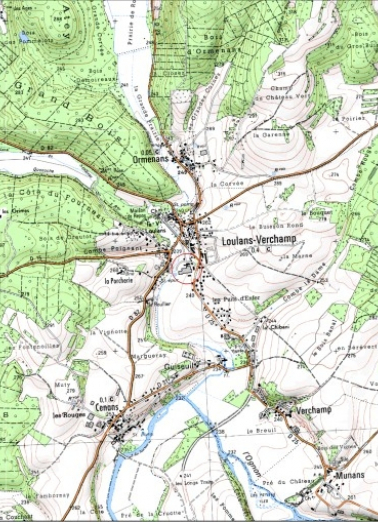 Carte de localisation. Carte topographique au 1:25000, I.G.N., Montbozon, 3422 O. SCAN 25 © IGN - 2008, Licence n°2008CISE29-68. © Région Bourgogne-Franche-Comté, Inventaire du patrimoine