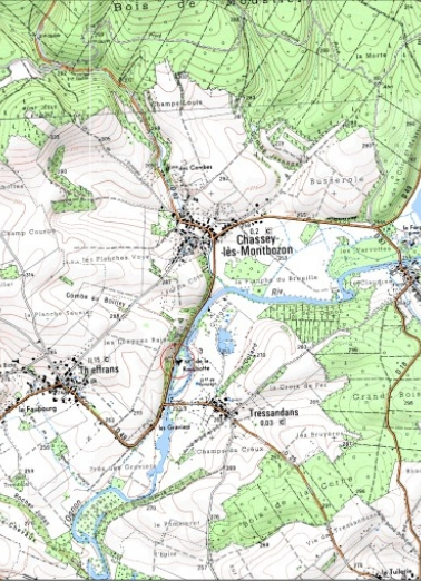 Carte de localisation. Carte topographique au 1:25000, I.G.N., Rougemont, 3422 E. SCAN 25 © IGN - 2008, Licence n°2008CISE29-68. © Région Bourgogne-Franche-Comté, Inventaire du patrimoine