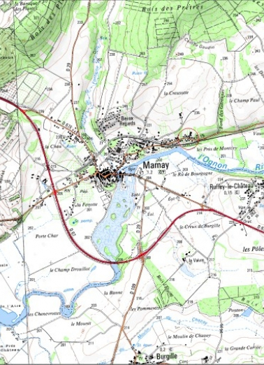 Carte de localisation. Carte topographique au 1:25000, I.G.N., Marnay, 3323 O. SCAN 25 © IGN - 2008, Licence n°2008CISE29-68. © Région Bourgogne-Franche-Comté, Inventaire du patrimoine